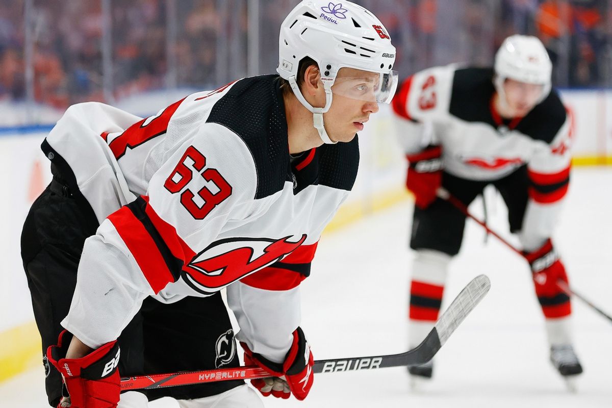 Dec 10, 2023; Edmonton, Alberta, CAN; New Jersey Devils forward Jesper Bratt (63) waits for play to begin against the Edmonton Oilers at Rogers Place. Mandatory Credit: Perry Nelson-Imagn Images