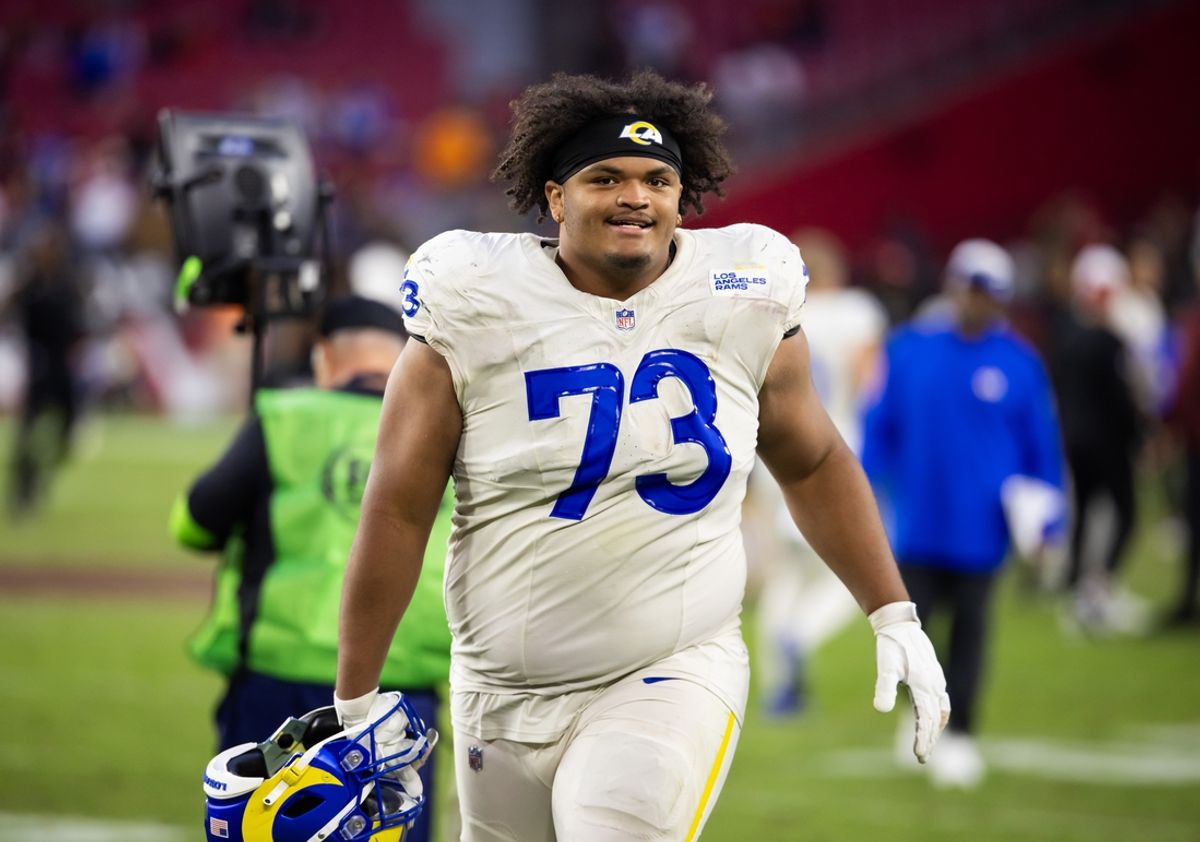 Nov 26, 2023; Glendale, Arizona, USA; Los Angeles Rams guard Steve Avila (73) against the Arizona Cardinals at State Farm Stadium. Mandatory Credit: Mark J. Rebilas-Imagn Images