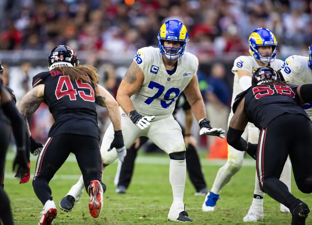 Nov 26, 2023; Glendale, Arizona, USA; Los Angeles Rams offensive tackle Rob Havenstein (79) against the Arizona Cardinals at State Farm Stadium. Mandatory Credit: Mark J. Rebilas-Imagn Images