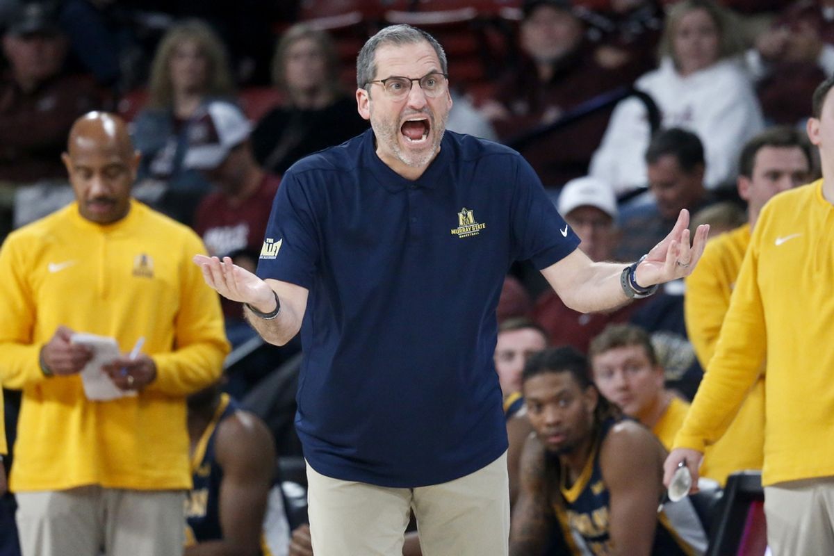 Dec 13, 2023; Starkville, Mississippi, USA; Murray State Racers head coach Steve Prohm reacts during the second half against the Mississippi State Bulldogs at Humphrey Coliseum. Mandatory Credit: Petre Thomas-Imagn Images