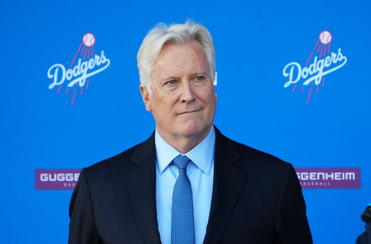 Dec 14, 2023; Los Angeles, CA, USA;  Los Angeles Dodgers owner Mark Walter at a introductory press conference for Shohei Ohtani at Dodger Stadium. Mandatory Credit: Kirby Lee-Imagn Images