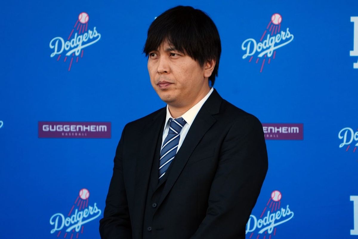 Dec 14, 2023; Los Angeles, CA, USA; Ippei Mizuhara, the translator for Los Angeles Dodgers designated hitter Shohei Ohtani, during an introductory press conference at Dodger Stadium. Mandatory Credit: Kirby Lee-Imagn Images