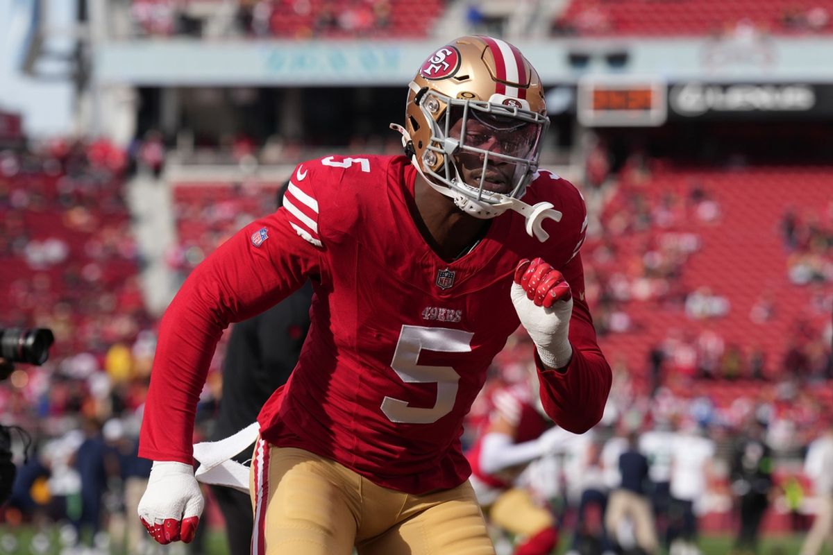 Dec 10, 2023; Santa Clara, California, USA; San Francisco 49ers linebacker Randy Gregory (5) warms up before the game against the Seattle Seahawks at Levi's Stadium. Mandatory Credit: Darren Yamashita-USA TODAY Sports