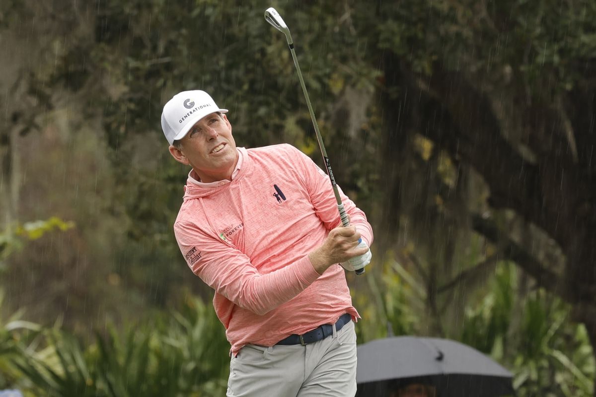 Dec 16, 2023; Orlando, Florida, USA; Justin Leonard plays his shot from the fourth tee during the PNC Championship at The Ritz-Carlton Golf Club. Mandatory Credit: Reinhold Matay-Imagn Images