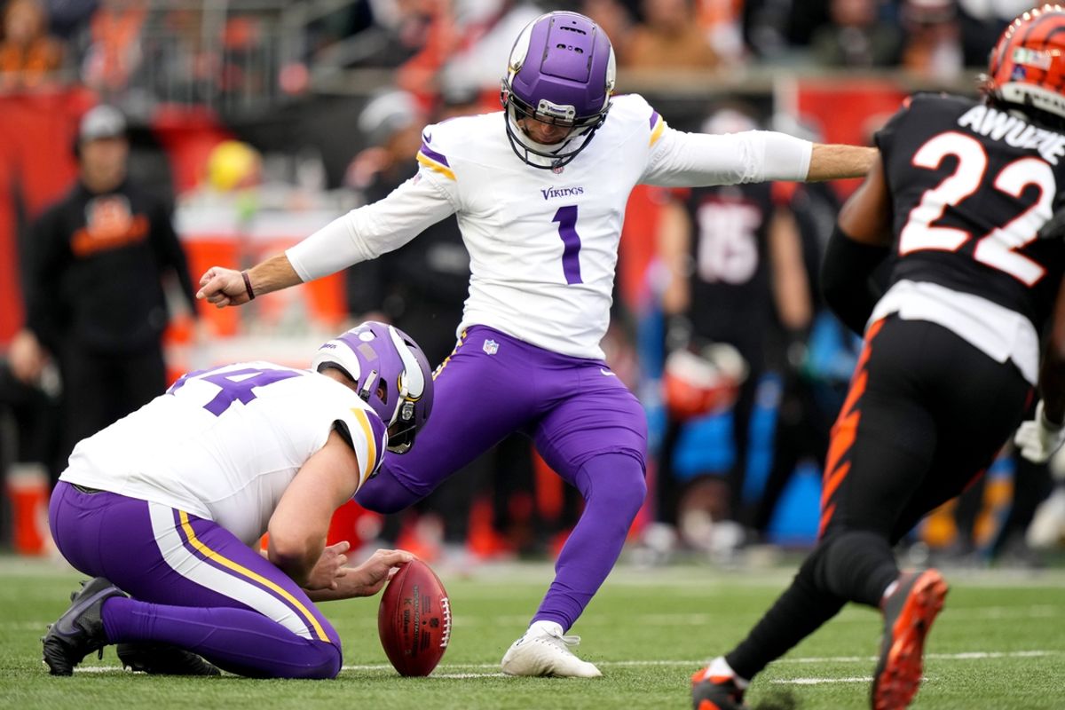 Minnesota Vikings place kicker Greg Joseph (1) kicks a successful field goal in the third quarter of a Week 15 NFL football game between the Minnesota Vikings and the Cincinnati Bengals, Saturday, Dec. 16, 2023, at Paycor Stadium in Cincinnati. The Cincinnati Bengals won 27-24 in overtime.