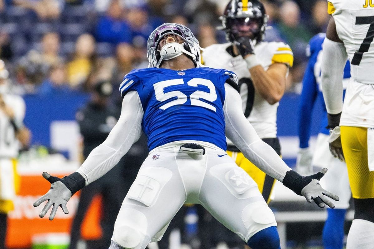 Dec 16, 2023; Indianapolis, Indiana, USA; Indianapolis Colts defensive end Samson Ebukam (52) celebrates a sack  in the second half against the Pittsburgh Steelers at Lucas Oil Stadium. Mandatory Credit: Trevor Ruszkowski-Imagn Images