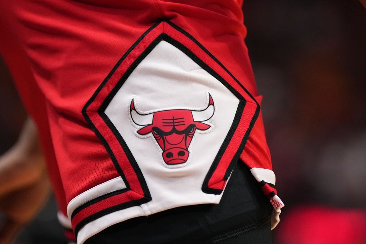 Dec 16, 2023; Miami, Florida, USA; A detailed view of the Chicago Bulls logo on the shorts of Chicago Bulls guard Ayo Dosunmu (12) during the first half against the Miami Heat at Kaseya Center. Mandatory Credit: Jasen Vinlove-Imagn Images