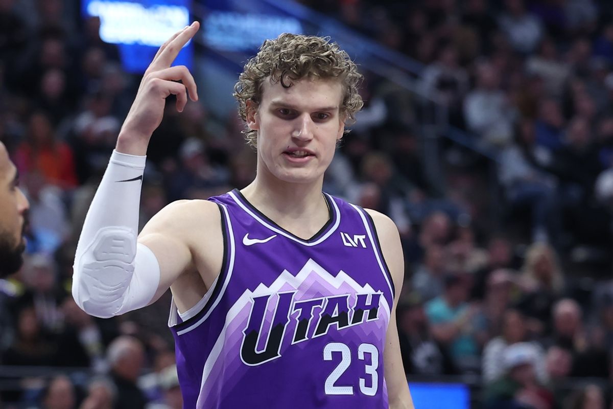 Dec 18, 2023; Salt Lake City, Utah, USA; Utah Jazz forward Lauri Markkanen (23) reacts to a play against the Brooklyn Nets during the fourth quarter at Delta Center. Mandatory Credit: Rob Gray-USA TODAY Sports