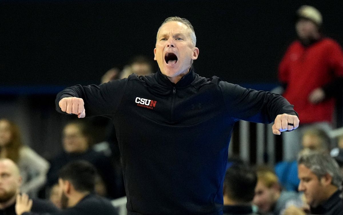 Dec 19, 2023; Los Angeles, California, USA; Cal State Northridge Matadors head coach Andy Newman reacts against the UCLA Bruins in the second half at Pauley Pavilion presented by Wescom. CSUN defeated UCLA 76-72. Mandatory Credit: Kirby Lee-Imagn Images