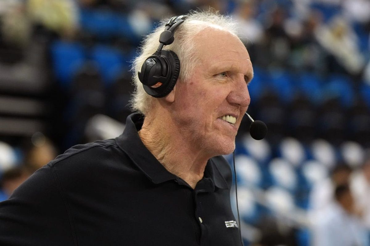 Dec 22, 2023; Los Angeles, California, USA; ESPN analyst Bill Walton during the game between the UCLA Bruins and the Maryland Terrapins at Pauley Pavilion presented by Wescom. Mandatory Credit: Kirby Lee-USA TODAY Sports
