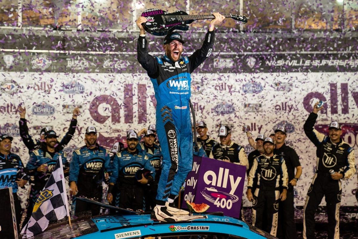 NASCAR Cup Series driver Ross Chastain celebrates winning the Ally 400 race at Nashville Superspeedway in Lebanon, Tenn., Sunday, June 25, 2023.