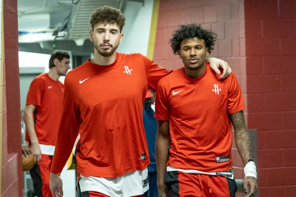 Dec 23, 2023; New Orleans, Louisiana, USA;  Houston Rockets center Alperen Sengun (28) and guard Jalen Green (4) come out the locker room to play against the New Orleans Pelicans before the first half at Smoothie King Center. Mandatory Credit: Stephen Lew-Imagn Images