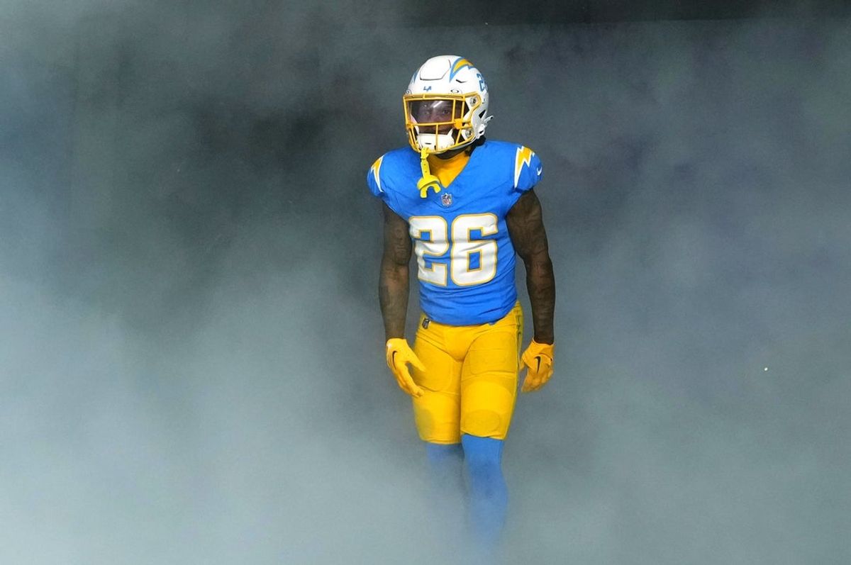 Dec 23, 2023; Inglewood, California, USA; Los Angeles Chargers cornerback Asante Samuel Jr. (26)  enters the field before the game against the Buffalo Bills at SoFi Stadium. Mandatory Credit: Kirby Lee-Imagn Images