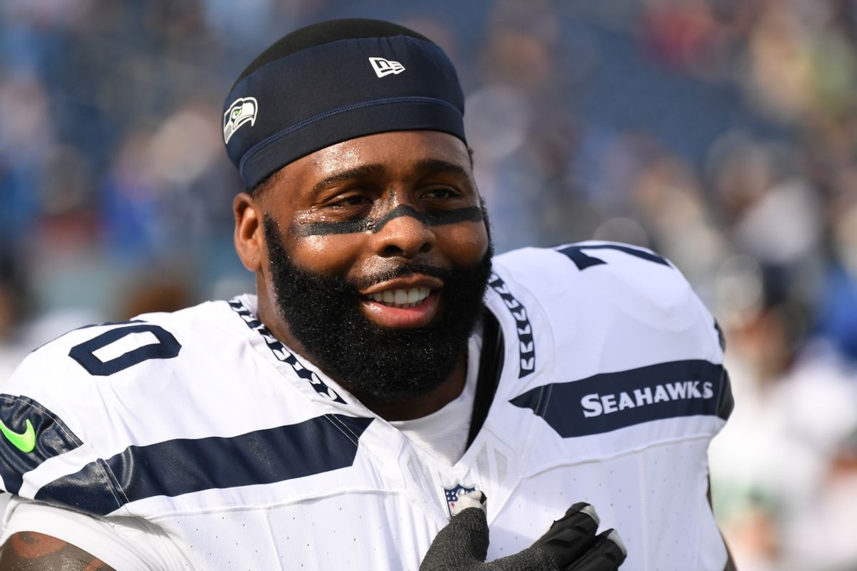 Dec 24, 2023; Nashville, Tennessee, USA; Seattle Seahawks offensive tackle Jason Peters (70) warms up before the game against the Tennessee Titans at Nissan Stadium. Mandatory Credit: Christopher Hanewinckel-Imagn Images