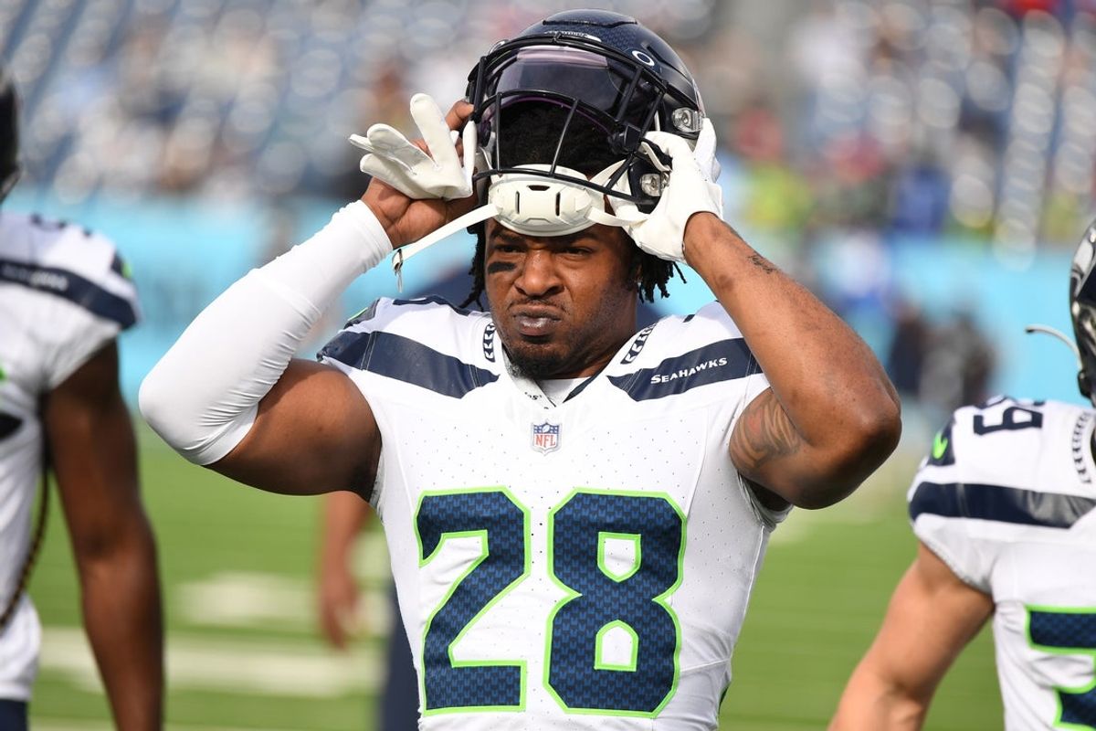Dec 24, 2023; Nashville, Tennessee, USA; Seattle Seahawks cornerback Kelvin Joseph (28) warms up before the game against the Tennessee Titans at Nissan Stadium. Mandatory Credit: Christopher Hanewinckel-Imagn Images