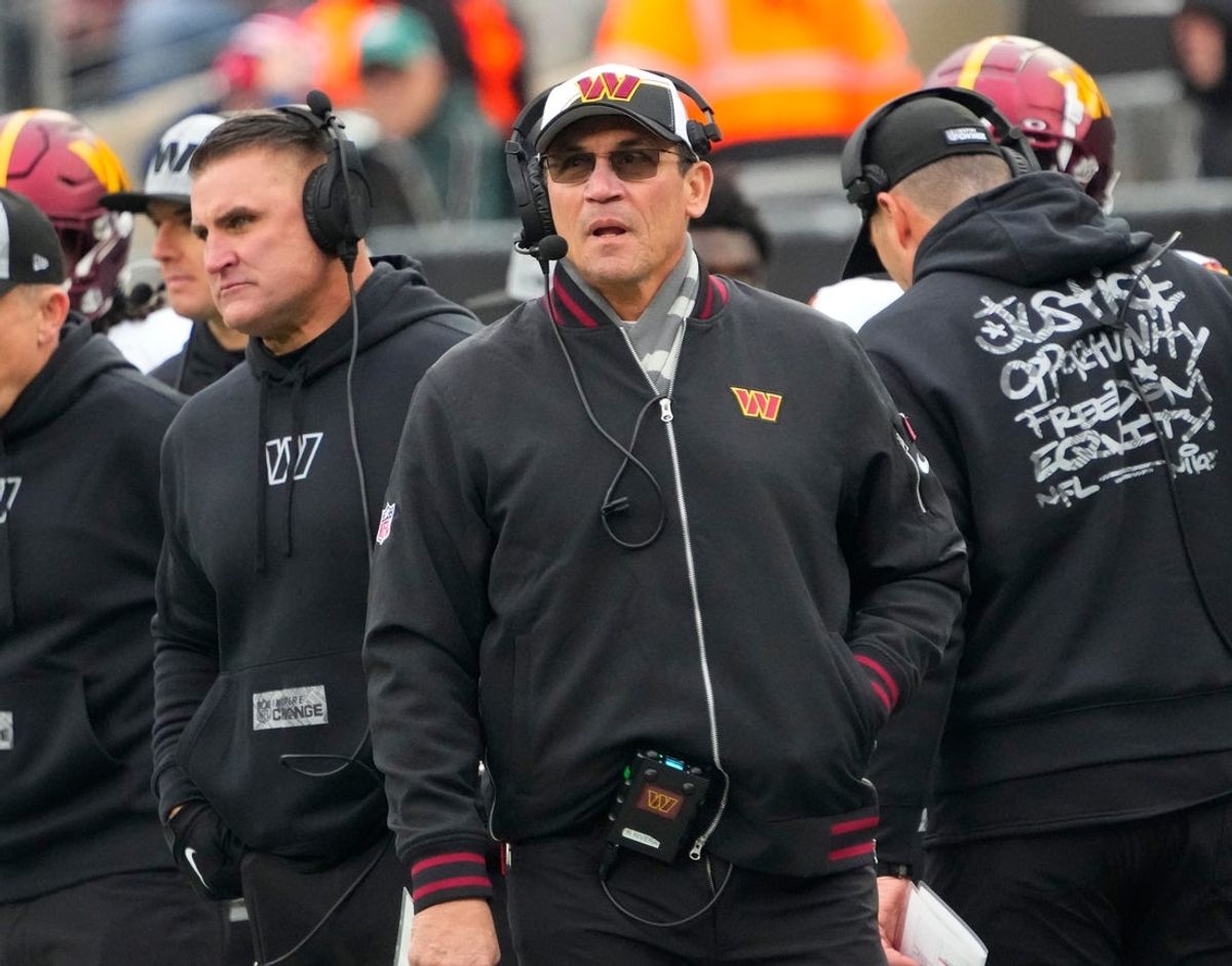 Dec 24, 2023; East Rutherford, New Jersey, USA;  Washington Commanders head coach Ron Rivera against the New York Jets in the first half at MetLife Stadium. Mandatory Credit: Robert Deutsch-Imagn Images