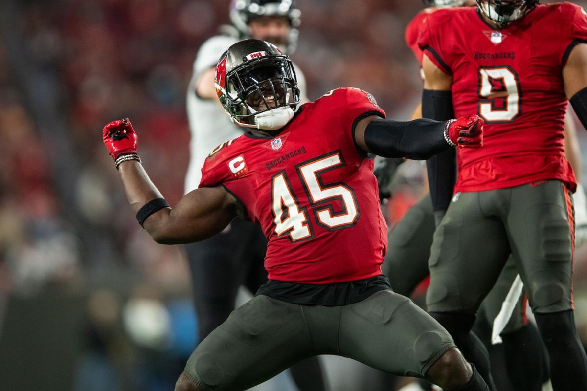 Dec 24, 2023; Tampa, Florida, USA; Tampa Bay Buccaneers linebacker Devin White (45) celebrates a sack against the Jacksonville Jaguars at Raymond James Stadium. Mandatory Credit: Jeremy Reper-Imagn Images