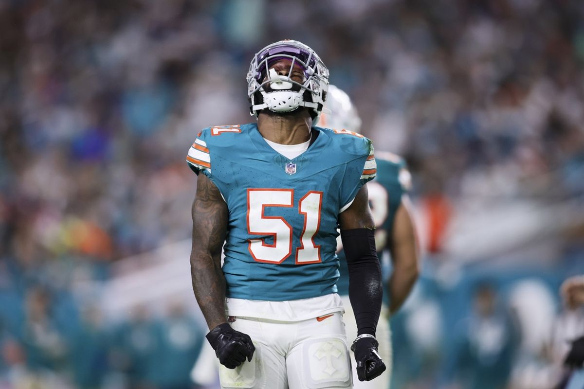 Dec 24, 2023; Miami Gardens, Florida, USA; Miami Dolphins linebacker David Long Jr. (51) reacts against the Dallas Cowboys during the third quarter at Hard Rock Stadium. Mandatory Credit: Sam Navarro-Imagn Images