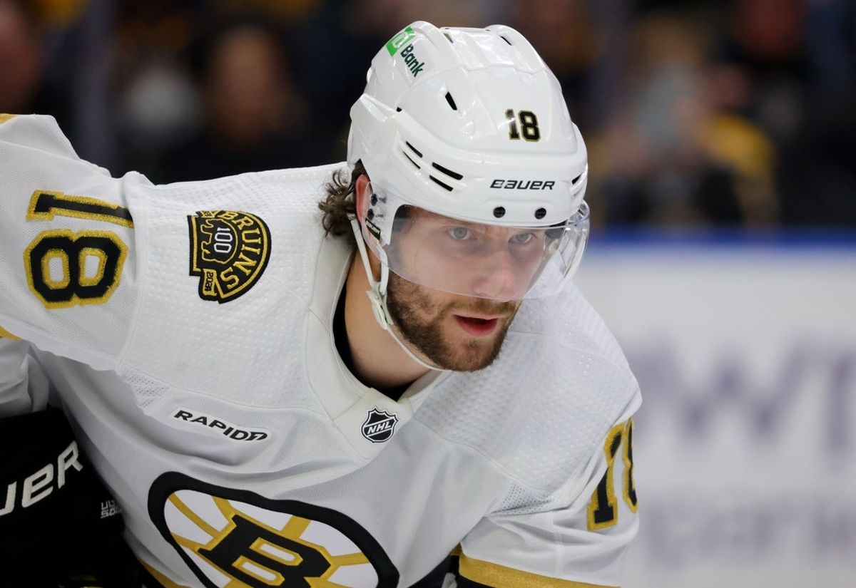 Dec 27, 2023; Buffalo, New York, USA;  Boston Bruins center Pavel Zacha (18) waits for the face-off during the third period against the Buffalo Sabres at KeyBank Center. Mandatory Credit: Timothy T. Ludwig-Imagn Images
