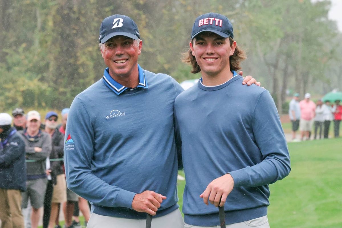 Dec 17, 2023; Orlando, Florida, USA; Matt Kuchar (left and son Cameron Kuchar on the first tee during the PNC Championship at The Ritz-Carlton Golf Club. Mandatory Credit: Reinhold Matay-Imagn Images