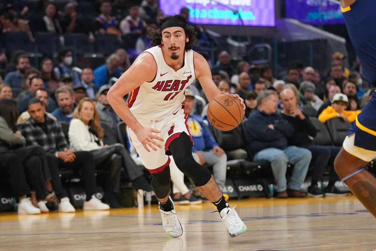 Dec 28, 2023; San Francisco, California, USA; Miami Heat forward Jaime Jaquez Jr. (11) dribbles the ball against the Golden State Warriors in the first quarter at the Chase Center. Mandatory Credit: Cary Edmondson-USA TODAY Sports