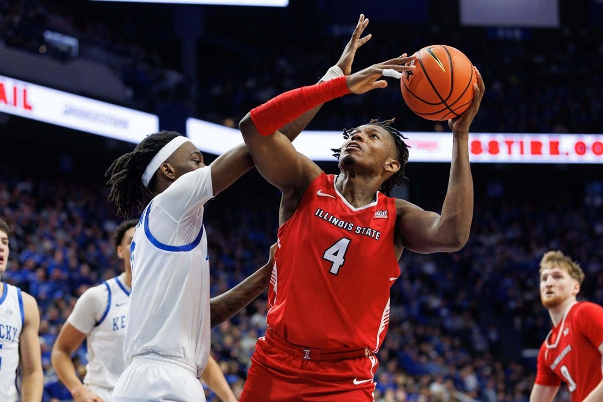 Dec 29, 2023; Lexington, Kentucky, USA; Illinois State Redbirds forward Myles Foster (4) goes to the basket during the first half against the Kentucky Wildcats at Rupp Arena at Central Bank Center. Mandatory Credit: Jordan Prather-USA TODAY Sports