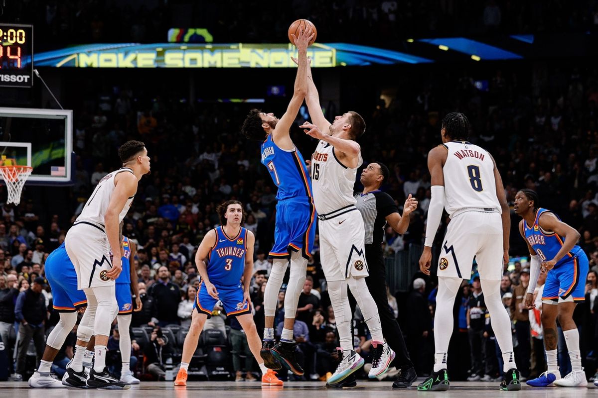 Dec 29, 2023; Denver, Colorado, USA; Oklahoma City Thunder forward Chet Holmgren (7) and Denver Nuggets center Nikola Jokic (15) go for the jump ball as forward Michael Porter Jr. (1) and guard Josh Giddey (3) and forward Peyton Watson (8) and forward Jalen Williams (8) look on in the first quarter at Ball Arena. Mandatory Credit: Isaiah J. Downing-Imagn Images