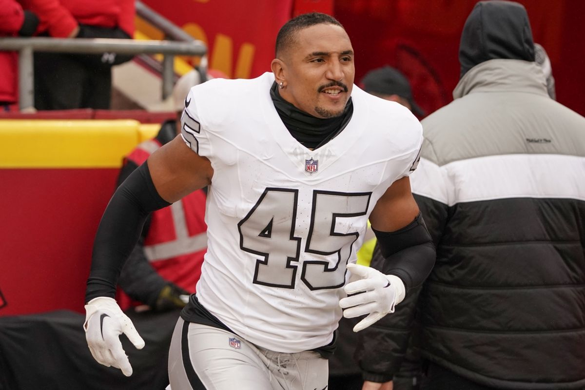 Dec 25, 2023; Kansas City, Missouri, USA; Las Vegas Raiders fullback Jakob Johnson (45) runs onto the field against the Kansas City Chiefs prior to a game at GEHA Field at Arrowhead Stadium. Mandatory Credit: Denny Medley-Imagn Images