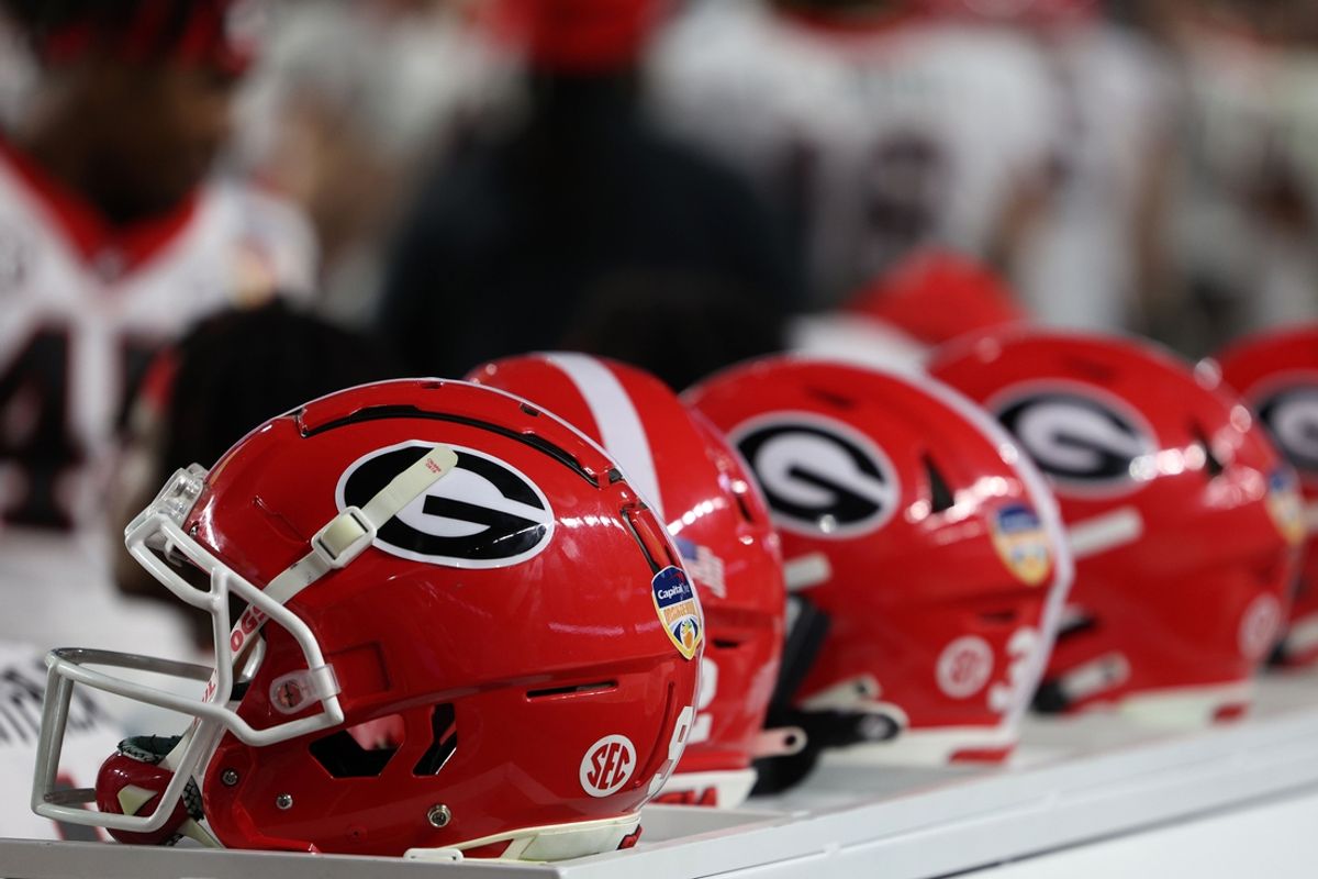 Dec 30, 2023; Miami Gardens, FL, USA; A detailed view of the Georgia Bulldogs helmet during the 2023 Orange Bowl at Hard Rock Stadium. Mandatory Credit: Nathan Ray Seebeck-USA TODAY Sports