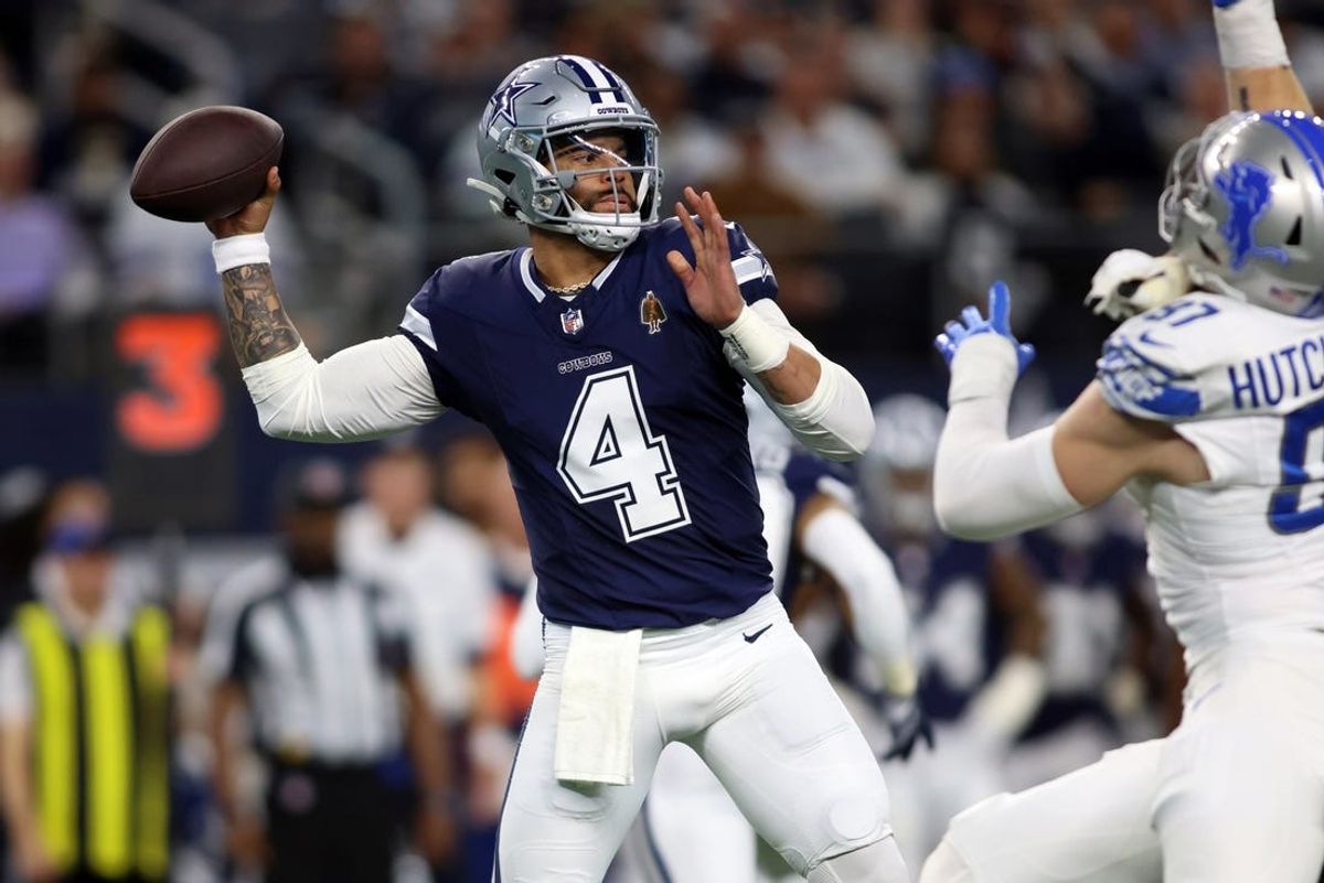 Dec 30, 2023; Arlington, Texas, USA; Dallas Cowboys quarterback Dak Prescott (4 ) throws a pass in the first quarter against the Detroit Lions at AT&T Stadium. Mandatory Credit: Tim Heitman-USA TODAY Sports