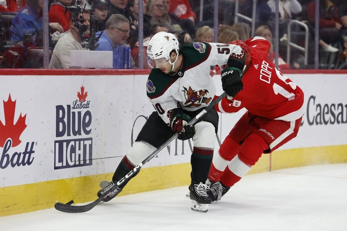 Mar 14, 2024; Detroit, Michigan, USA;  Arizona Coyotes defenseman Sean Durzi (50) and Detroit Red Wings center Andrew Copp (18) battle for the puck in the second period at Little Caesars Arena.