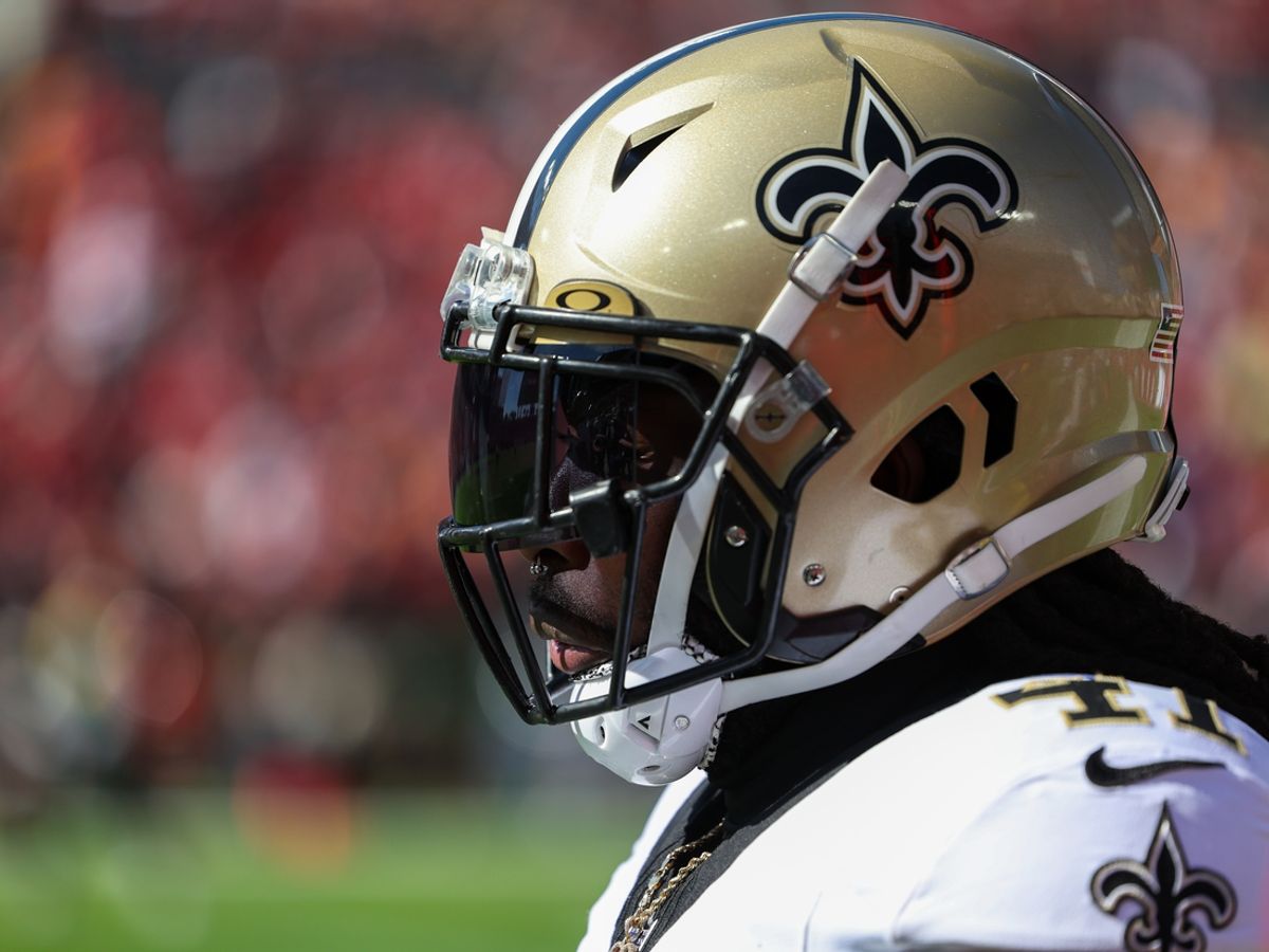 Dec 31, 2023; Tampa, Florida, USA;  New Orleans Saints running back Alvin Kamara (41) gets ready to come into a game against the Tampa Bay Buccaneers in the first quarter at Raymond James Stadium. Mandatory Credit: Nathan Ray Seebeck-USA TODAY Sports
