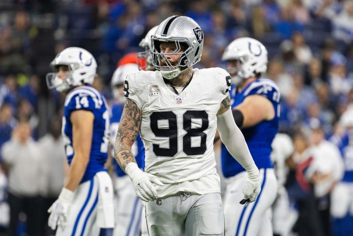 Dec 31, 2023; Indianapolis, Indiana, USA; Las Vegas Raiders defensive end Maxx Crosby (98) in the first half against the Indianapolis Colts at Lucas Oil Stadium. Mandatory Credit: Trevor Ruszkowski-USA TODAY Sports