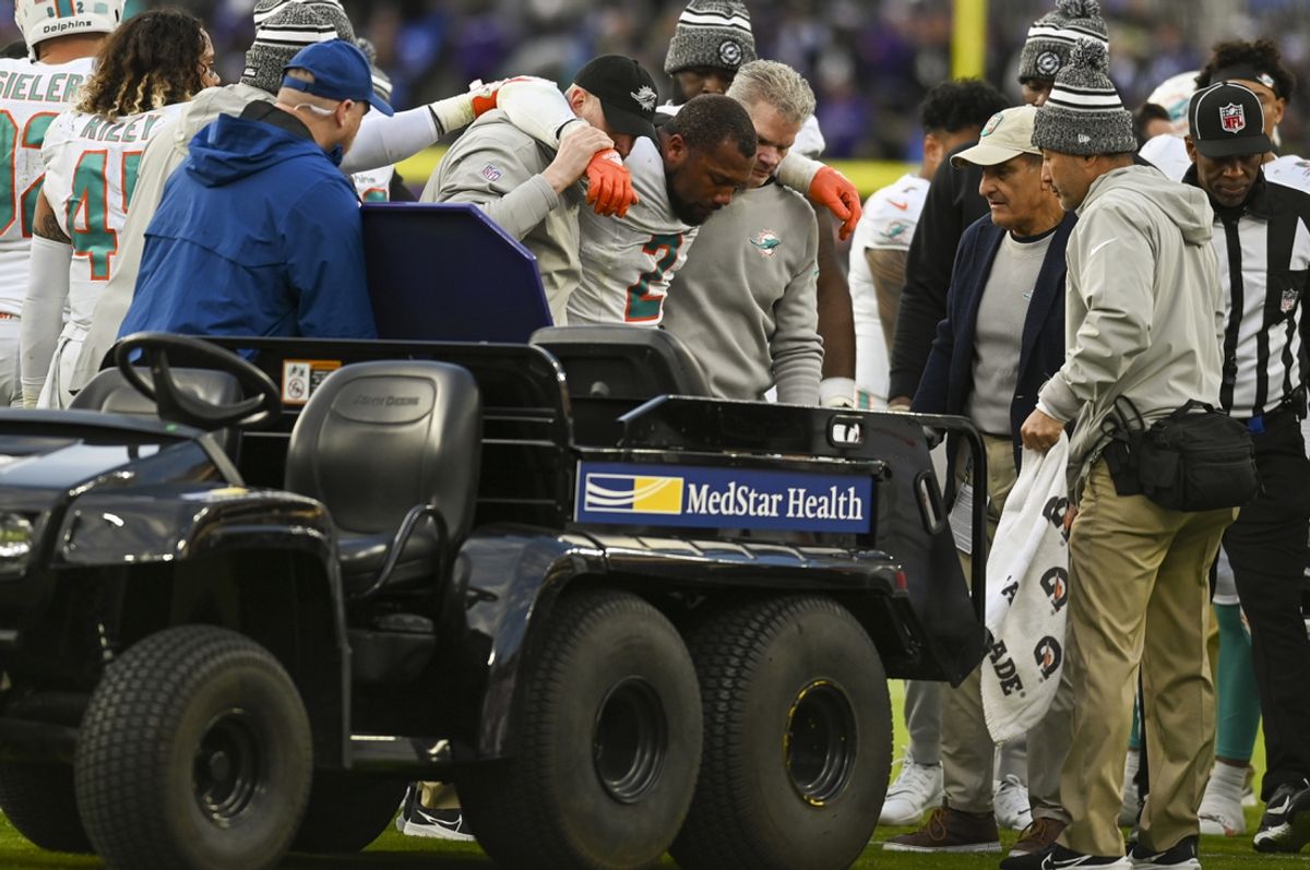 Dec 31, 2023; Baltimore, Maryland, USA;  Miami Dolphins linebacker Bradley Chubb (2) ins helped to the cart after being injured during the second  half against the Baltimore Ravens at M&T Bank Stadium.Baltimore Ravens defeated Miami Dolphins 56-19. Mandatory Credit: Tommy Gilligan-Imagn Images