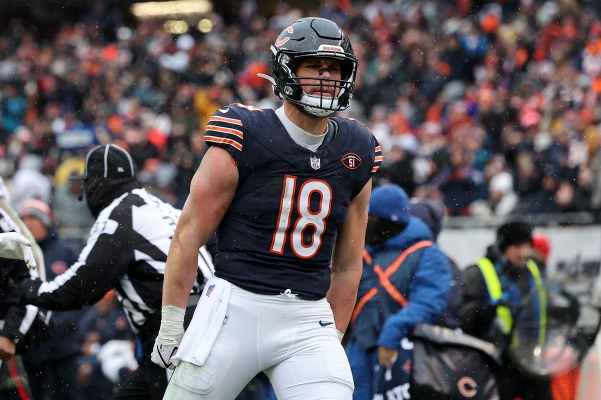 Dec 31, 2023; Chicago, Illinois, USA; Chicago Bears tight end Robert Tonyan (18) reacts after a catch against the Atlanta Falcons during the first half at Soldier Field. Mandatory Credit: Mike Dinovo-USA TODAY Sports