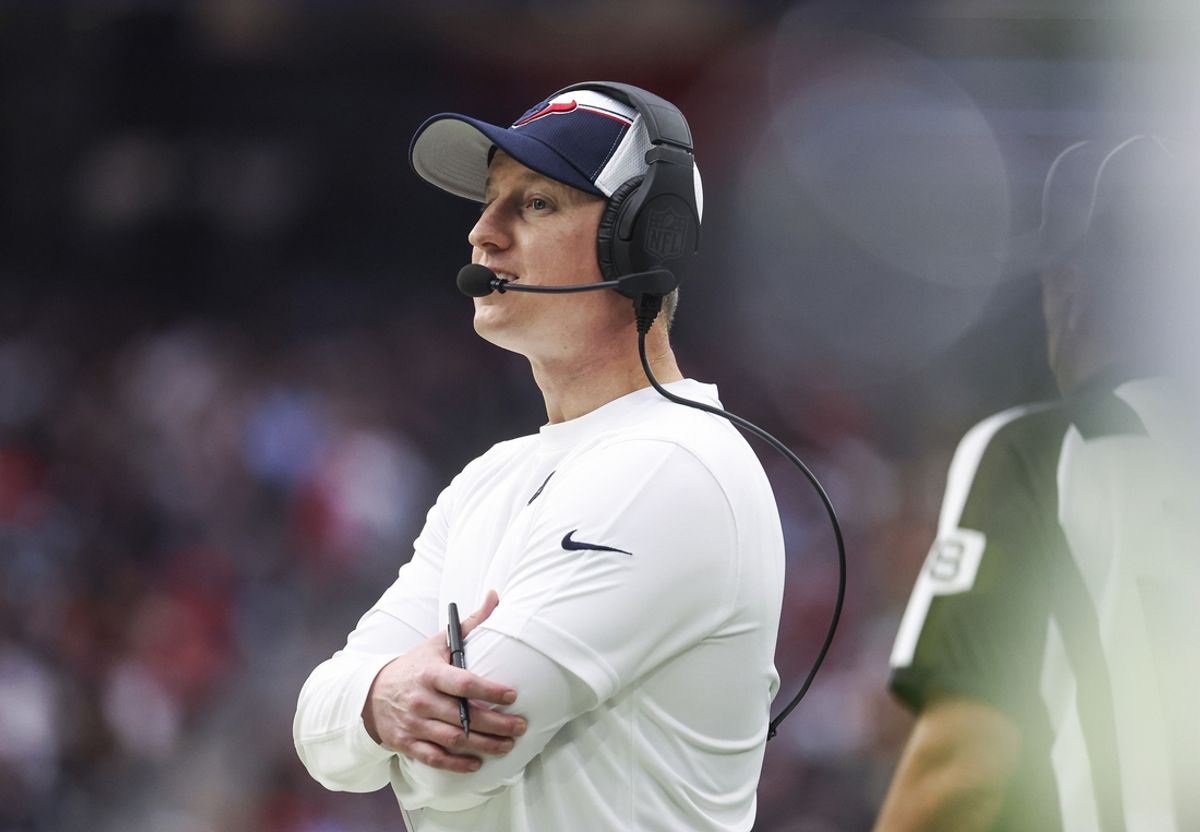 Dec 31, 2023; Houston, Texas, USA; Houston Texans offensive coordinator Bobby Slowik on the sideline during the game against the Tennessee Titans at NRG Stadium. Mandatory Credit: Troy Taormina-Imagn Images