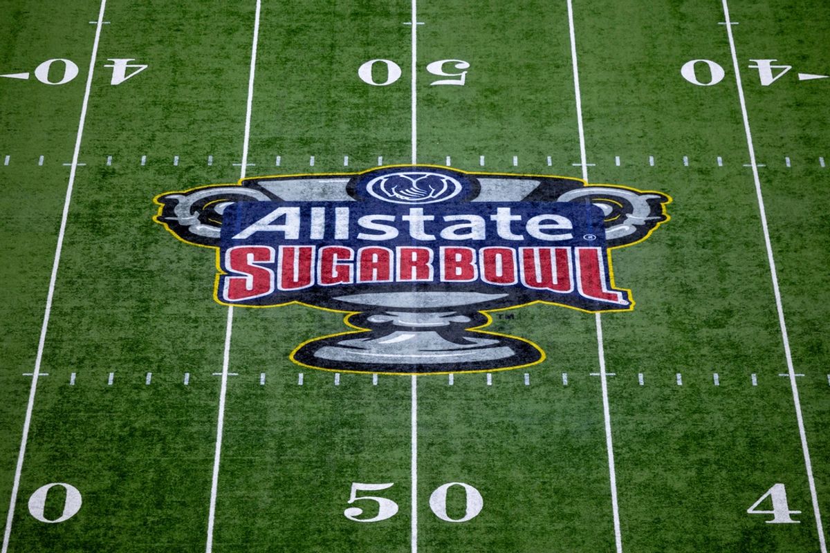 Jan 1, 2024; New Orleans, LA, USA; A general view of the 2024 Sugar Bowl college football playoff semifinal game logo before the game between the Texas Longhorns and the Washington Huskies at Caesars Superdome. Mandatory Credit: Stephen Lew-Imagn Images
