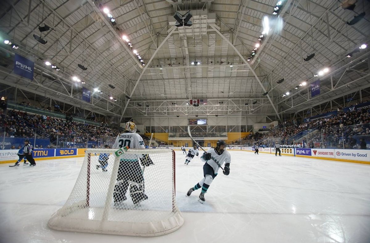 Jan 1, 2024; Toronto, Ontario, CANADA; A general view of the inaugural PWHL ice hockey game between New York and Toronto in the former Maple Leaf Gardens now known as the Mattamy Athletic Centre. Mandatory Credit: John E. Sokolowski-Imagn Images