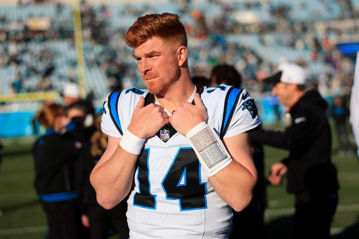 Carolina Panthers quarterback Andy Dalton (14) looks on after the game of a regular season NFL football matchup Sunday, Dec. 31, 2023 at EverBank Stadium in Jacksonville, Fla. The Jacksonville Jaguars blanked the Carolina Panthers 26-0. [Corey Perrine/Florida Times-Union]