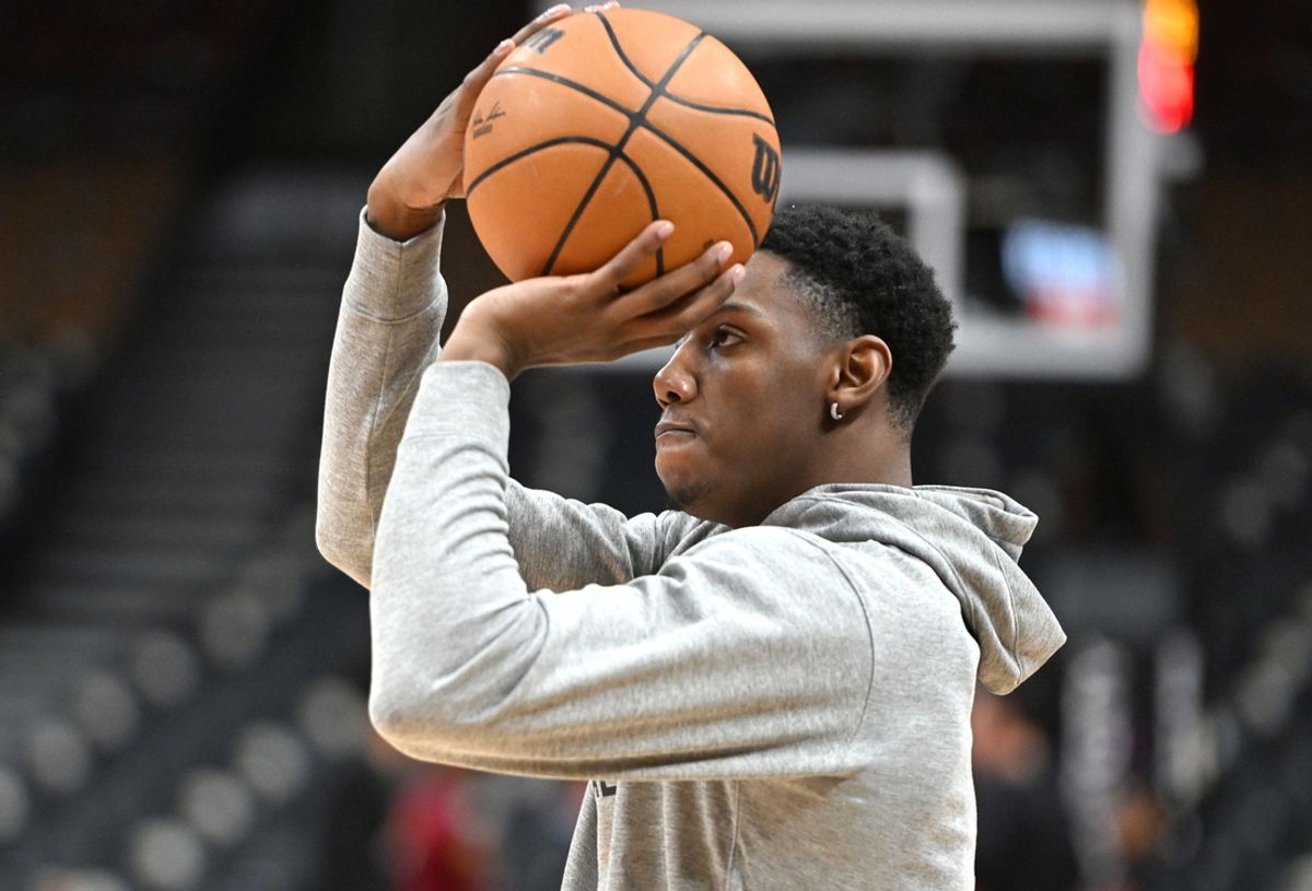 Jan 1, 2024; Toronto, Ontario, CAN;  Toronto Raptors forward RJ Barrett (9) warms up before playing the Cleveland Cavaliers at Scotiabank Arena. Mandatory Credit: Dan Hamilton-Imagn Images