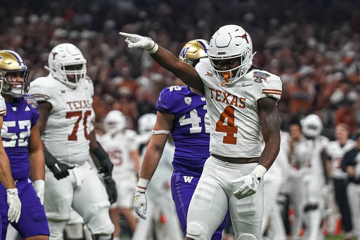 Texas Longhorns running back CJ Baxter (4) celebrates a first down during the Sugar Bowl College Football Playoff  semifinals game against the Washington Huskies at the Caesars Superdome on Monday, Jan. 1, 2024 in New Orleans, Louisiana.