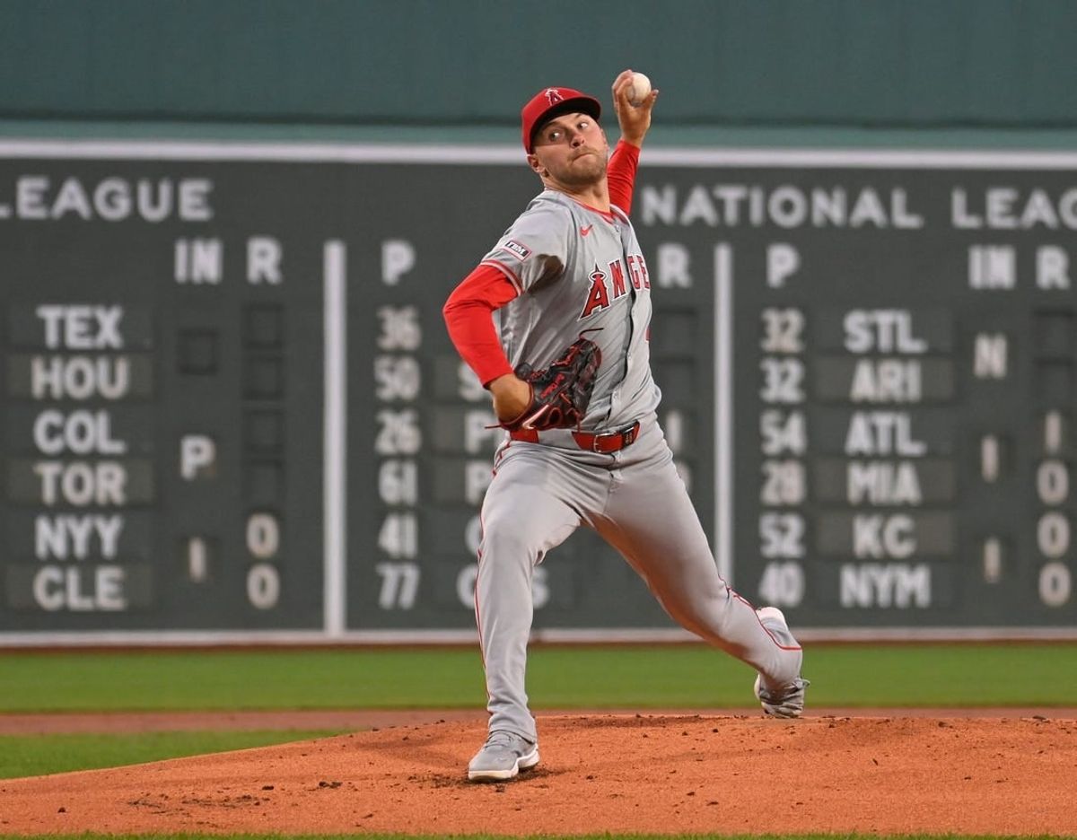 Apr 12, 2024; Boston, Massachusetts, USA; Los Angeles Angels starting pitcher Reid Detmers (48) pitches against the Boston Red Sox during the first inning at Fenway Park.