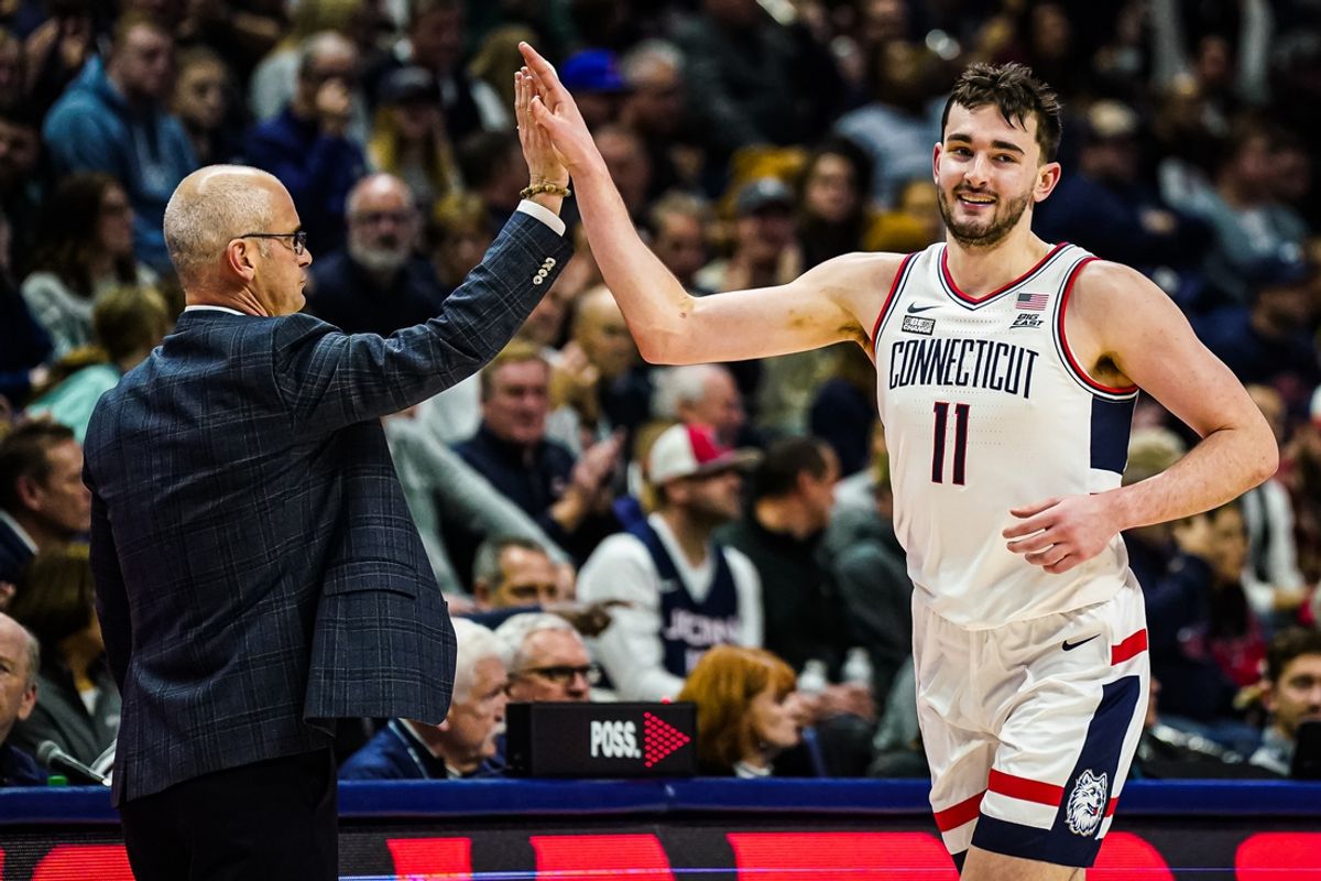 UConn's Dan Hurley and Alex Karaban (11) are back, but UConn's run at a third consecutive national title will feature many new faces. Mandatory Credit: David Butler II-Imagn Images