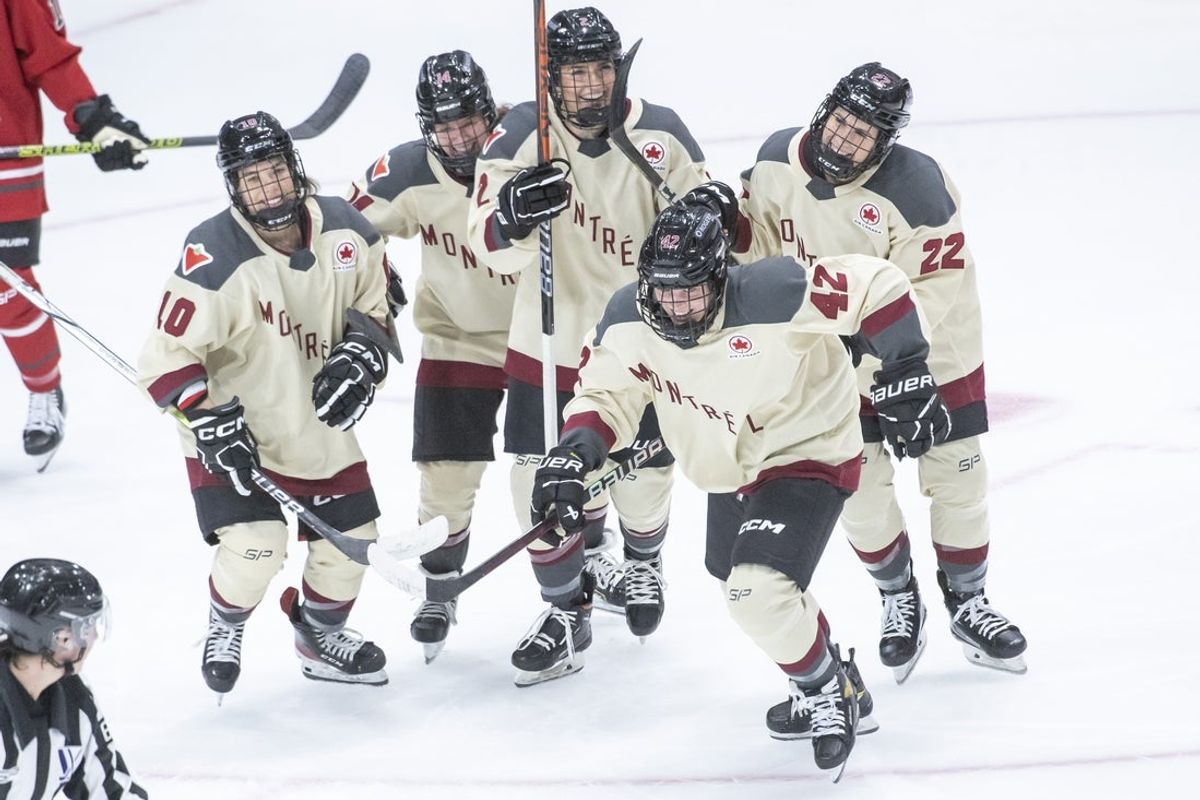 Jan 2, 2024; Ottawa, Ontario, CAN; Montreal forward Claire Dalton (42) celebrates her goal scored in the second period against Ottawa in the second period in a PWHL hockey game at TD Place. Mandatory Credit: Marc DesRosiers-USA TODAY Sports