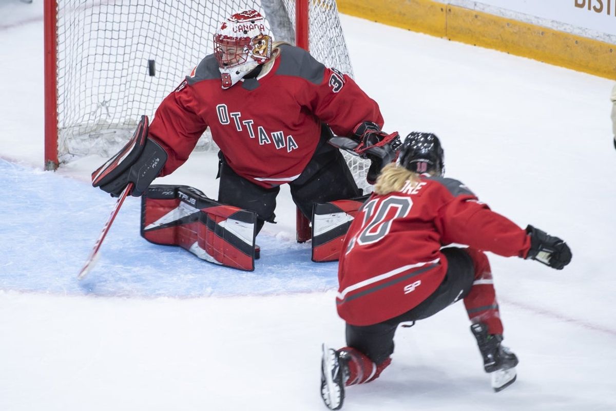 Jan 2, 2024; Ottawa, Ontario, CAN; Ottawa goalie Emerance Maschmeyer (38) watches a goal by Montreal in the third period in a PWHL hockey game at TD Place. Mandatory Credit: Marc DesRosiers-Imagn Images