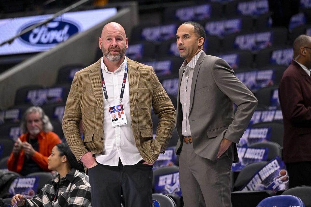 Jan 3, 2024; Dallas, Texas, USA; Portland Trail Blazers general manager Joe Cronin (left) and Dallas Mavericks general manager Nico Harrison (right) before the game between the Dallas Mavericks and the Portland Trail Blazers at the American Airlines Center. Mandatory Credit: Jerome Miron-USA TODAY Sports