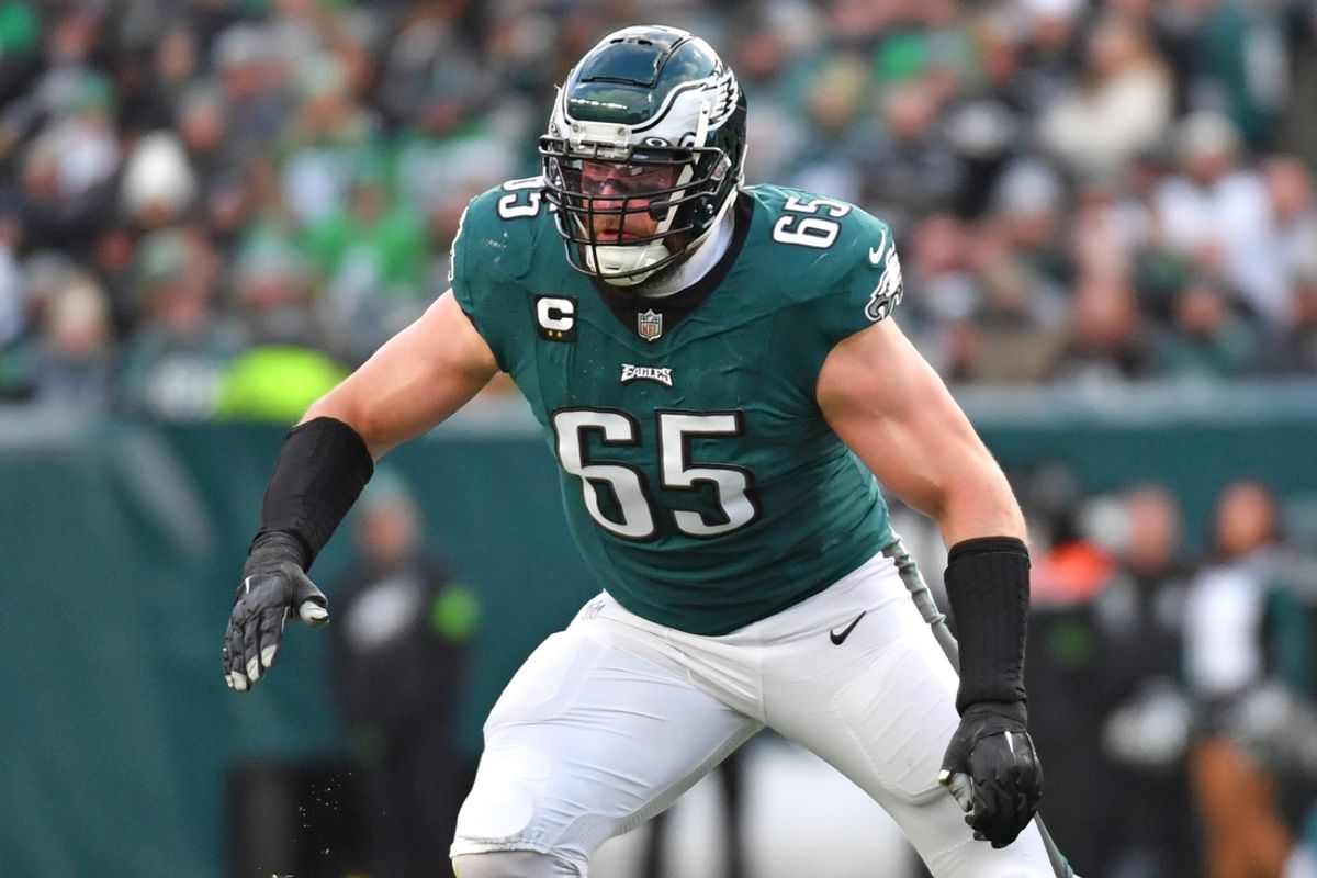 Dec 31, 2023; Philadelphia, Pennsylvania, USA; Philadelphia Eagles offensive tackle Lane Johnson (65) against the Arizona Cardinals at Lincoln Financial Field. Mandatory Credit: Eric Hartline-Imagn Images