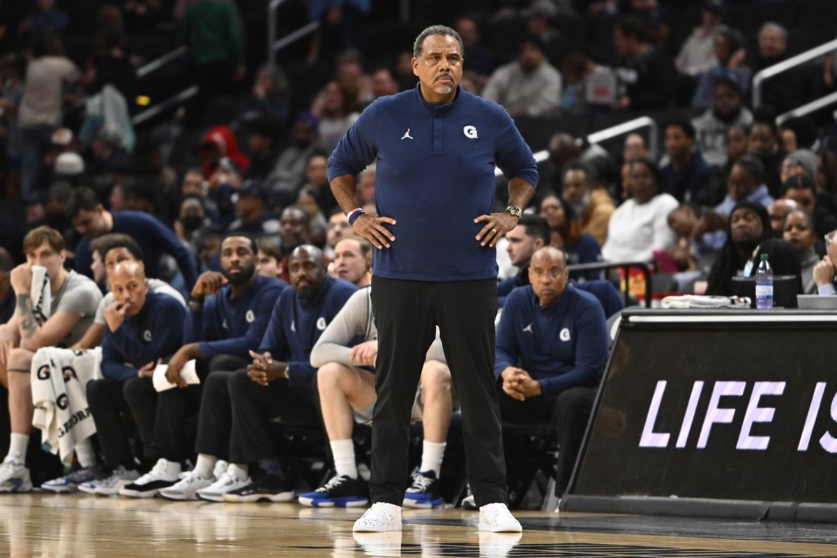 Jan 6, 2024; Washington, District of Columbia, USA; Georgetown Hoyas head coach Ed Cooley looks on against the DePaul Blue Demons during the second half at Capital One Arena. Mandatory Credit: Brad Mills-Imagn Images