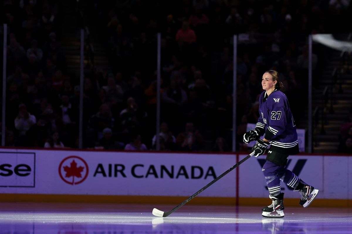 Jan 6, 2024; St. Paul, Minnesota, USA; Minnesota forward Taylor Heise (27) is introduced before the game against Montreal in a PWHL ice hockey game at XCel Energy Center. Mandatory Credit: Matt Krohn-Imagn Images