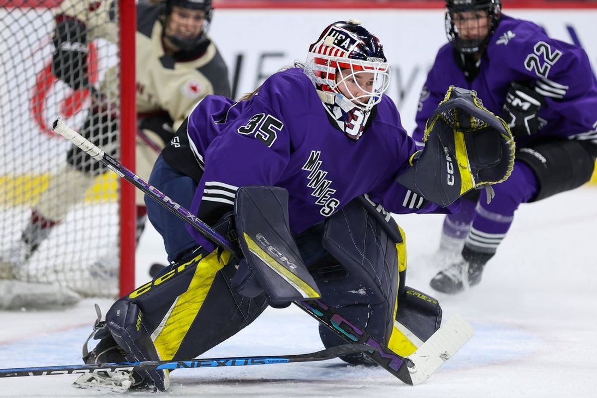 Jan 6, 2024; St. Paul, Minnesota, USA; Minnesota goalie Maddie Rooney (35) defends her net against Montreal during the second period in a PWHL ice hockey game at XCel Energy Center. Mandatory Credit: Matt Krohn-Imagn Images